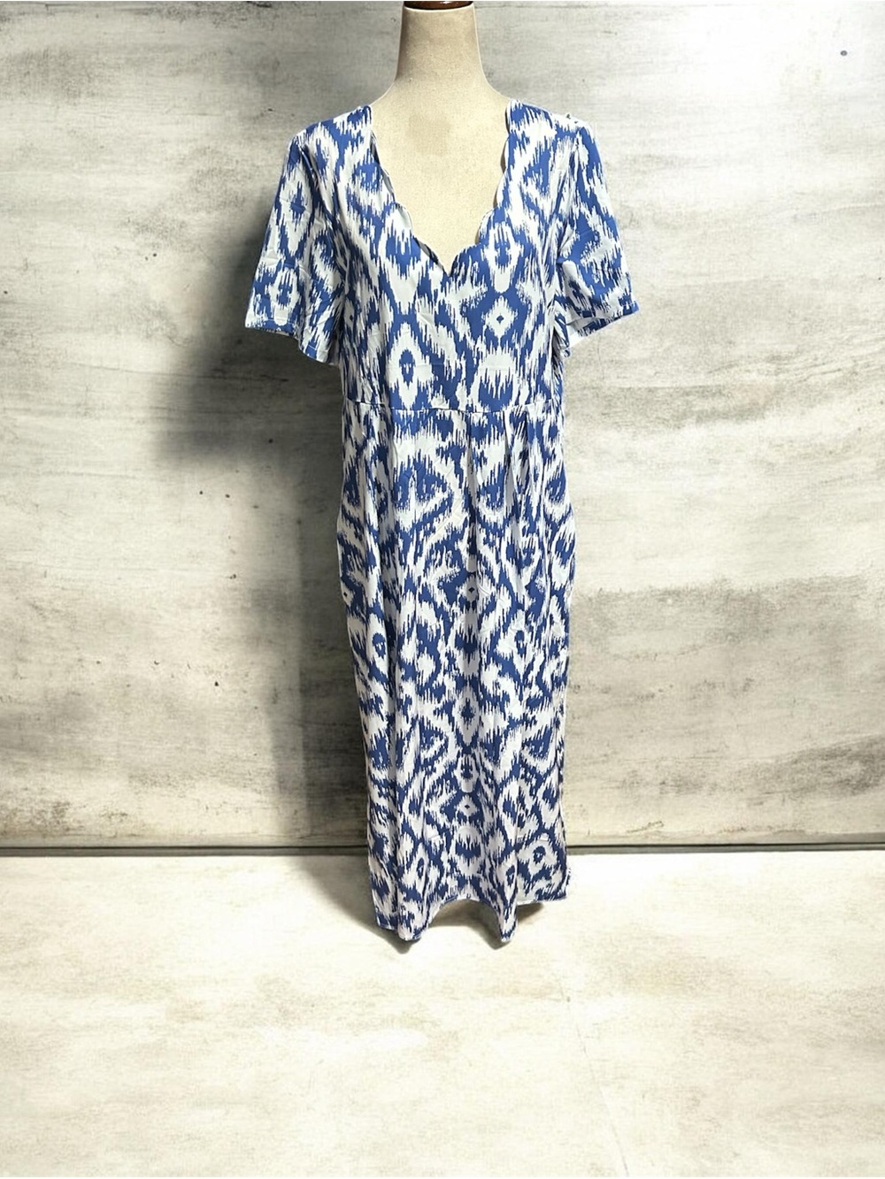 Blue and White Ikat V-Neck Maxi Dress